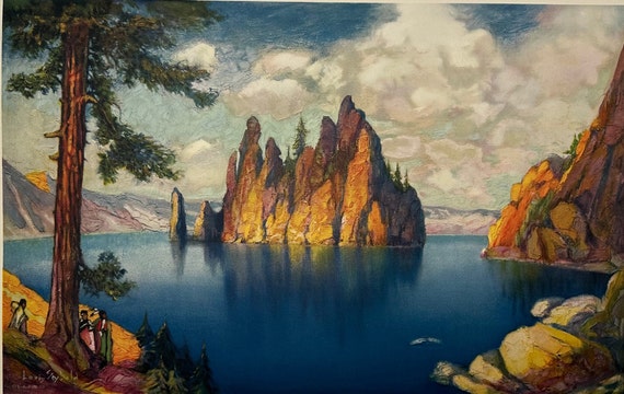 The Phantom Ship Crater Lake Oregon by Louis Seybold Vintage 18x24 Landscape Print