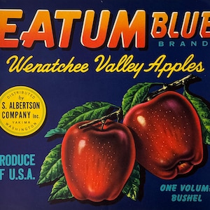 Eatum Blue Brand, Original Vintage 1940s Apple Fruit Crate Label, Washington State Apples, Yakima, Washington, Wenatchee Valley Apples