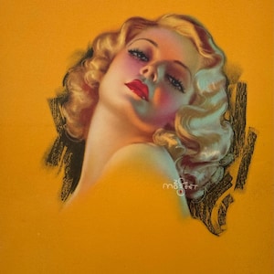 Betoverende ogen, prachtige vintage Zoe Mozert art deco pin-upgirl print, zwoele rode lippenblonde, gouden achtergrond
