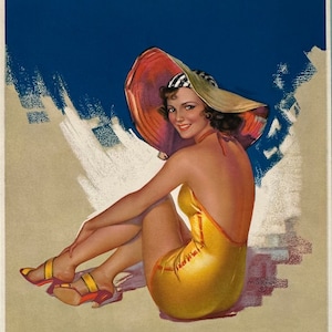 Sun-Tanned Sue, Vintage Zoe Mozert Art Deco Picture Pin Up Print, Gorgeous Stunner in Gold Swimsuit and Large Hat