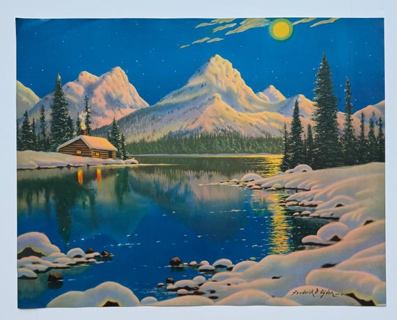 Vintage Frederick D. Ogden Winter Moonlight Print, 22x28 Large