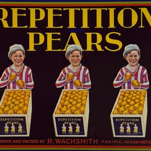 Vintage 1940s Repetition Pears Crate Label – Yakima WA Fruit Art, Colorful Produce Decor, Original Orchard Advertising Print
