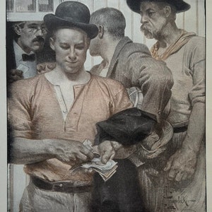 May include: Illustration of a group of men in a vintage style. A man in a peach-colored shirt and a black hat is counting money. Other men in hats and suits are in the background, observing the scene. The artwork is signed.