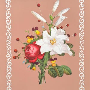 Vintage 1940s or 50s Floral Botanical 18 x 14 Print, Bouquet of Flowers, Romantic Mid-Century Home Decor Wall Art