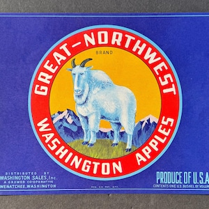 Vintage Original 1940s Great-Northwest Washington Apples Crate Label – Mountain Goat Design – Excellent Condition