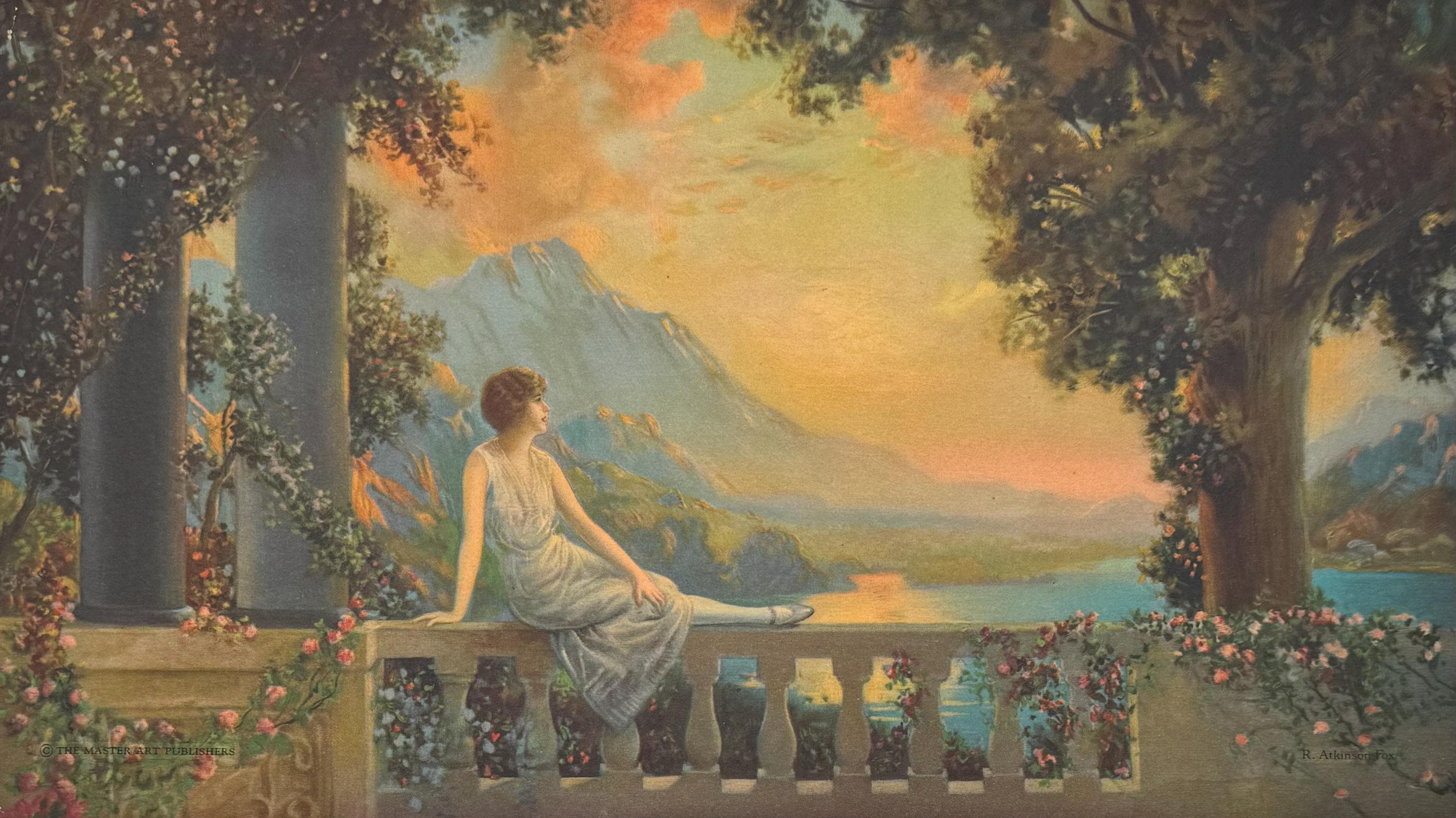 メゾチント　vintage Art Vintage R Atkinson Fox Sunset Dreams Print 8x14 Romantic Landscape