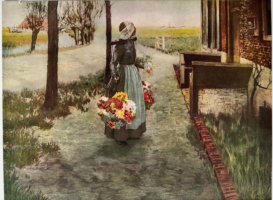 Original Vintage Art Lithograph Print of Flower Girl in Holland, 12 X 16, Cottage Decor Etsy