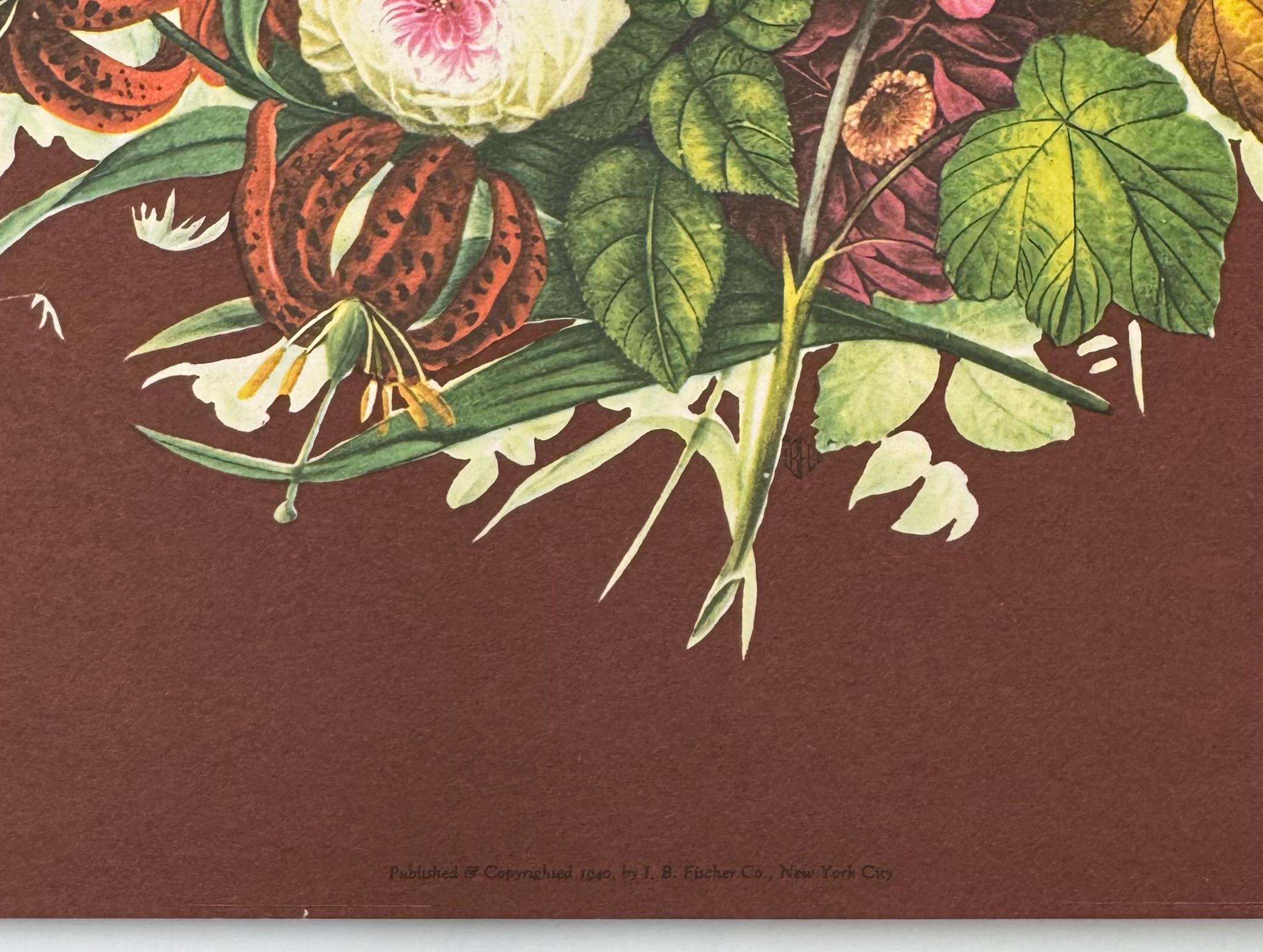Vintage Floral Print 1940s J.B. Fischer Bouquet Art 8x8 Wall Decor