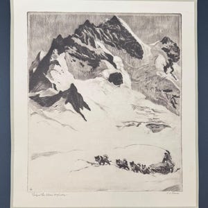 Before the Alcan Highway, Vintage Print by R.H. Palenske – Sled Dogs and Mountains – Rustic Lodge or Cabin Wall Art – 14x12.25