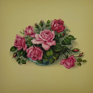Vintage Pink Roses Floral Lithograph Print – 10x10 Cottagecore Wall Art – Litho in USA – Shabby Chic Rose Decor