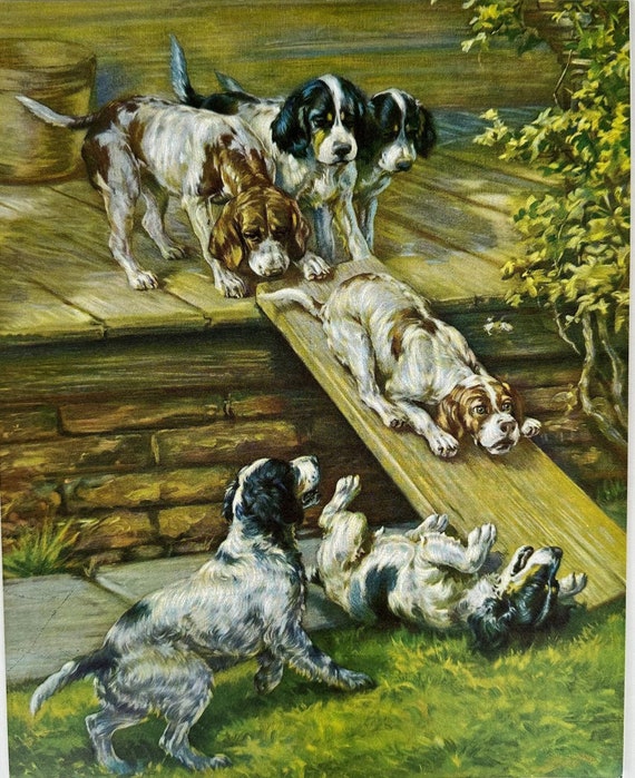 Cachorros jugando, encantadora impresión artística de calendario vintage  vertical de 10 x 8, perros setter ingleses, idea de regalo para amantes de 