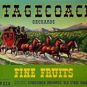 Stagecoach Orchards Fine Fruits, Original Vintage Fruit Crate Label, Decor Idea, Ready to Frame, Medford, Oregon