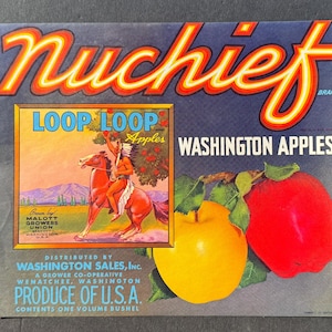 Original Vintage Nuchief Brand, Loop Loop Apples, Washington Apples Crate Label,  Malott, WA Decorating Idea, Ready to Frame