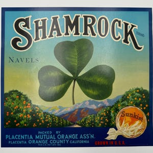 Original Vintage Orange Crate Label, Shamrock Brand Navels, Placentia California, Sunkist, Luck of the Irish, Decor Idea, Ready to Frame
