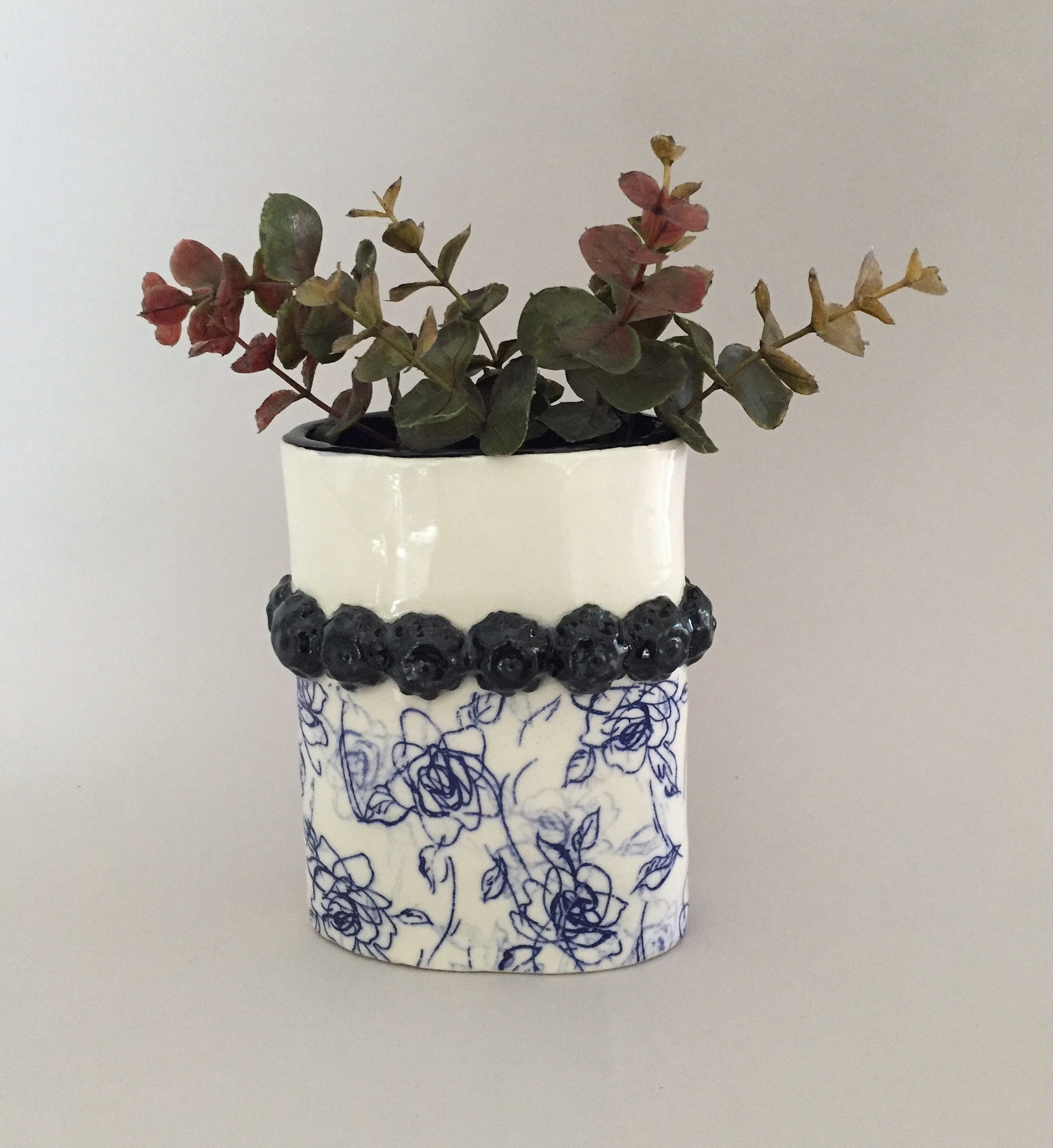 Blue and White Decal Oval 5 High Vase Etsy