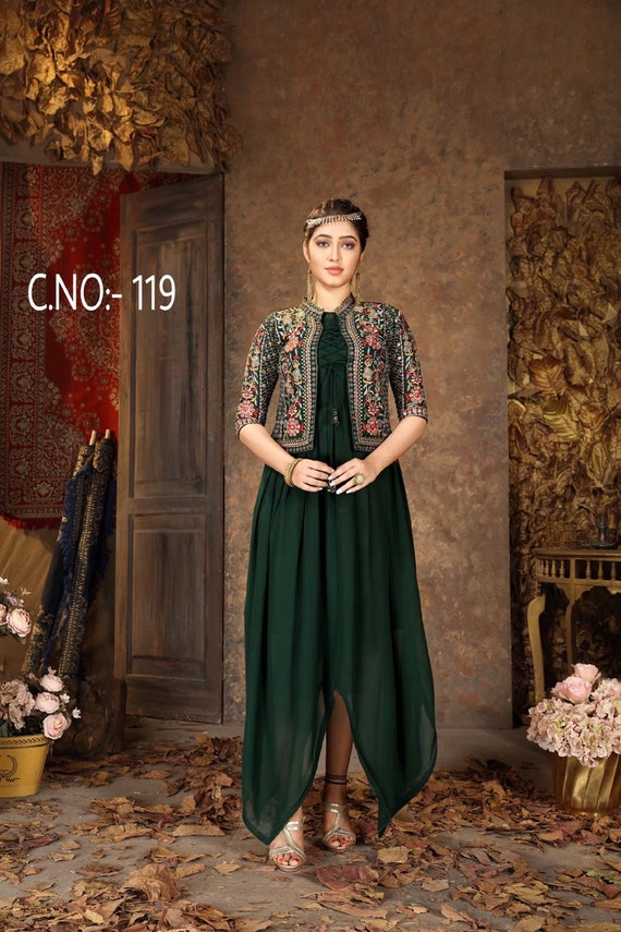 Energetic Green Colored Partywear Printed Satin-Crepe Jacket Style Long  Kurti