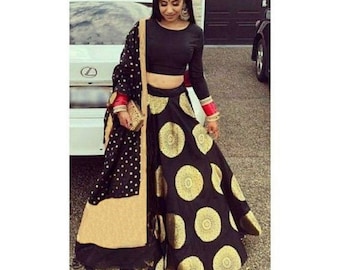 Impressive black lehenga choli for women Ready to wear Jequard Banarasi Silk lehenga choli with  Mulberry blouse and silk dupatta