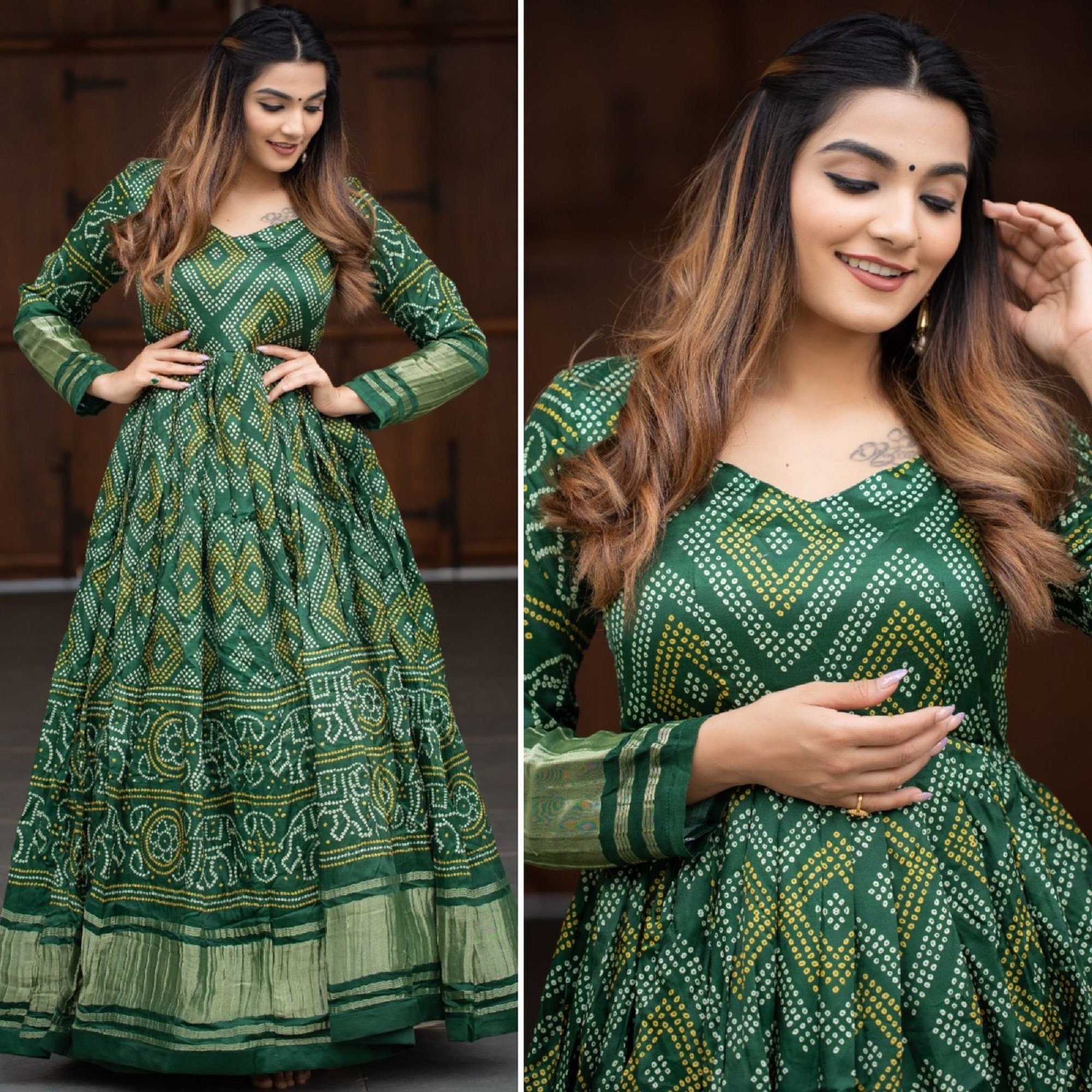 Attractive Designer Anarkali Gown, Bandhani Printed Festival Wear Dress,  Indian Long Fully Stitched Party Wear Anarkali Gown Suit for Women -   Canada