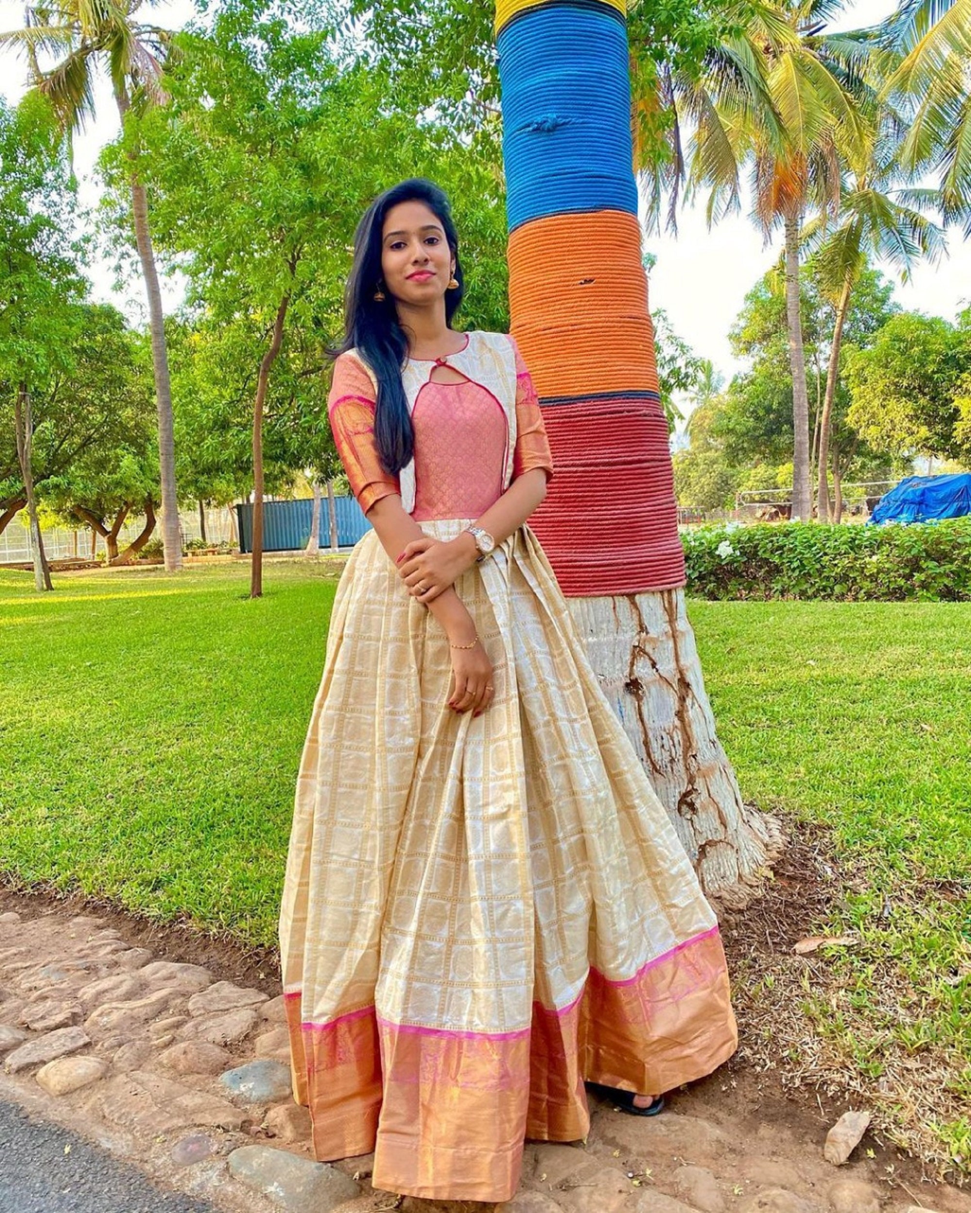 Pink and Yellow Banarasi Anarkali Gown – FALAKENOOR