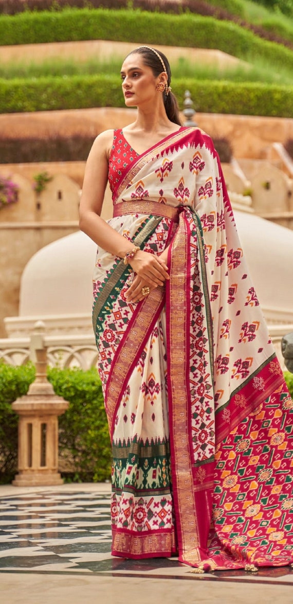 Buy Charming White Colour Soft Patola Silk Saree for Women Blouse Online in  India - Etsy