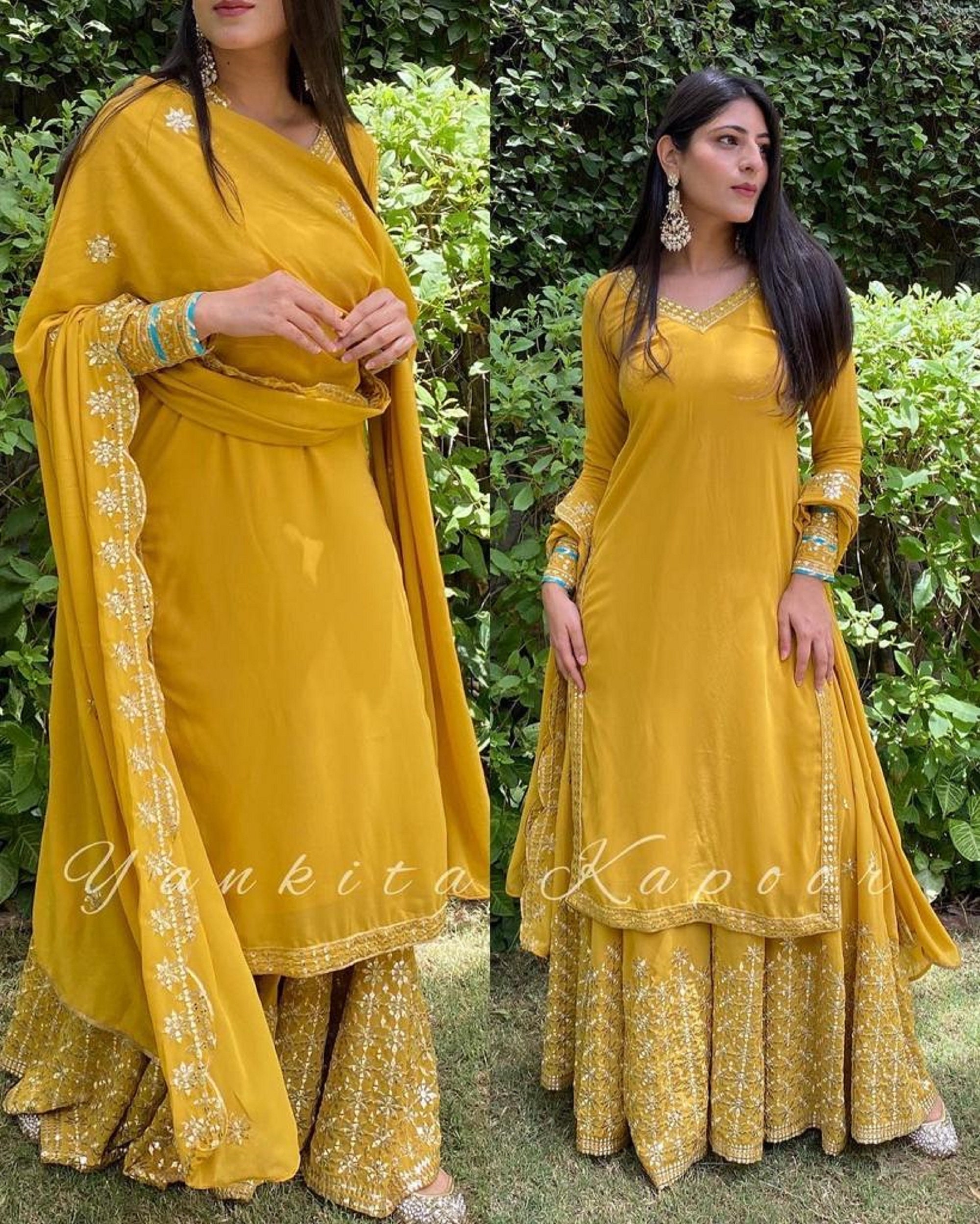 New Green And Yellow Kurti Palazzo Set at Rs.1250/Piece in surat offer by  Pooja Selection