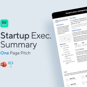 Może przedstawiać: Jednostronicowy szablon podsumowania wykonawczego startupu w czerni i bieli z tytułem "Startup Exec. Summary" i "One Page Pitch". Szablon zawiera sekcje dla "Nasza wizja", "Co robimy", "Kamienie milowe", "Analiza rynku", "Wejście na rynek", "Trakcja", "Zespół", "Wzrost", "Model" i "Inwestycje".