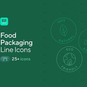 May include: Three green line art icons on a green background. The icons are for food packaging and include 100% Natural, Small Batch, and Eco Friendly.