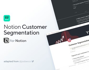May include: A screenshot of a Notion template for customer segmentation. The template includes a graph with an upward trend line and a target symbol. The text "Segment your customers in 4 simple steps" is visible. The template is designed to help businesses understand their customers better and create targeted marketing campaigns.