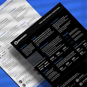 May include: Two business documents with text and graphics, one white and one black, are angled on a blue surface. The documents include sections for market analysis, business models, and team information. The word "placeholder" is visible.