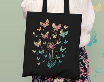 Dandelion Butterflies Floral Tote Bag | Colourful Flower Boho Style Tote Gift Idea For Nature Lover | Canvas Shopping Gift Bag For Women