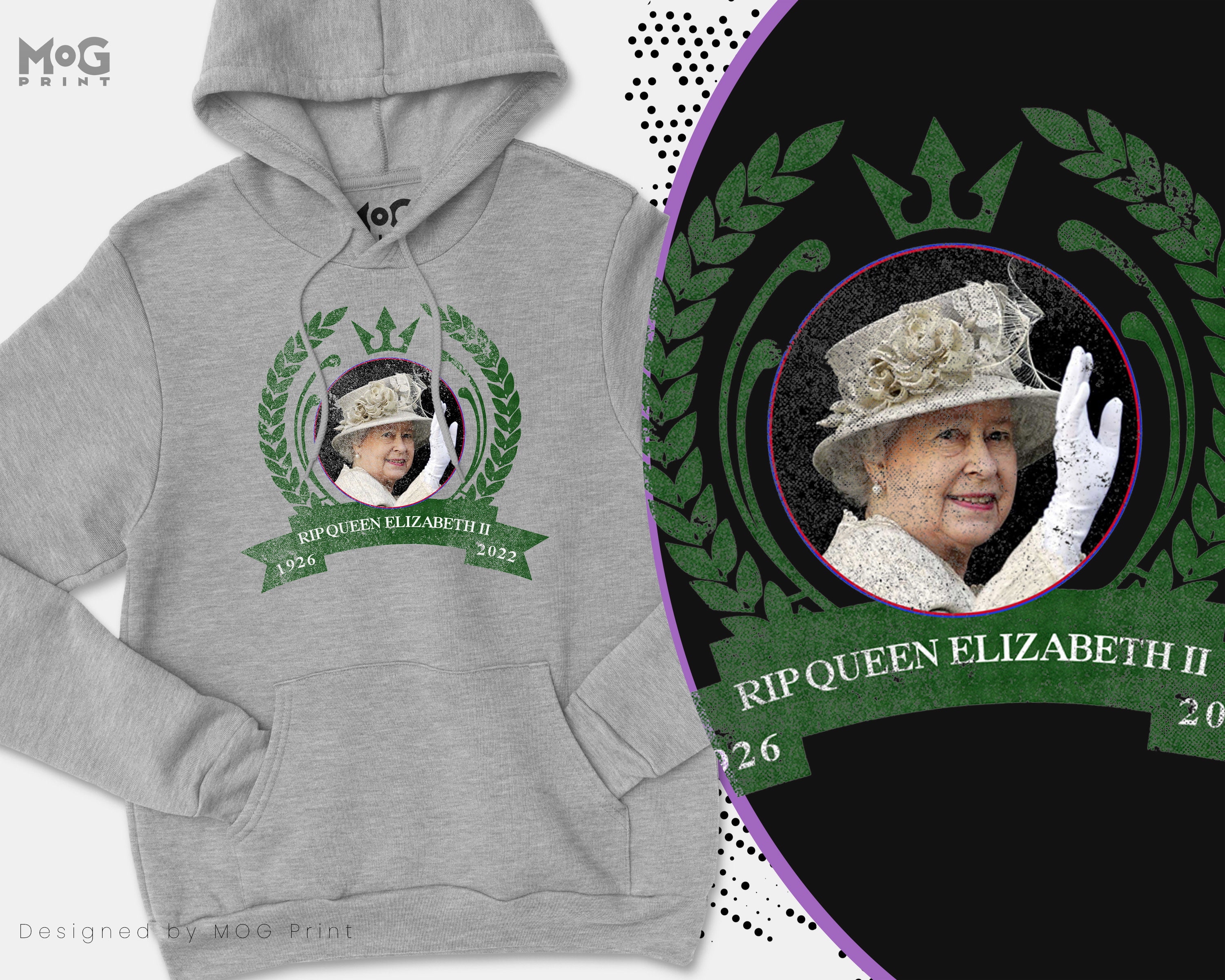 Discover Queen Elizabeth II Of England Leaf Wreath Hoodie Rest in Peace 1926-2022 RIP Photo Printed Crowned Queen Her Majesty's Hooded Sweat-Shirts