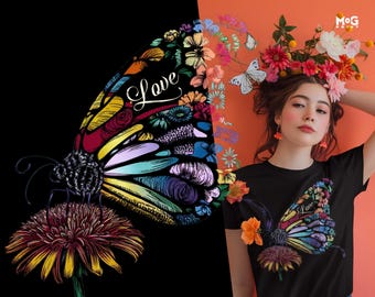 Butterfly Flower T-shirt, Floral Graphic Shirt, Floral Butterfly Love Tee, Botanical Tee,  Boho Butterfly Top, Valentine’s Day Gifts for Her