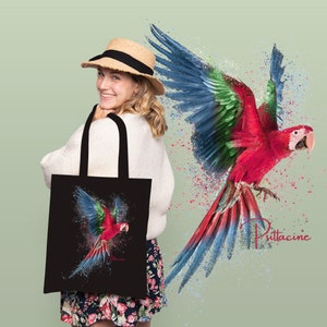 Flying Parrot Tote Bag, Watercolour Wildlife Shopping Bag, Psittacine Exotic Bird Lover Pet Owner Canvas Gift Idea With Flying Parrot Art