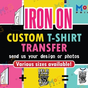 Transferencias de calor personalizadas, transferencias de calor listas para aplicar, parches de planchado con hojas de transferencia DTF, texto de logotipo personalizado