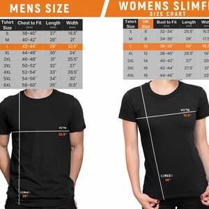 May include: Size chart for t-shirts, showing chest to fit, length, and width measurements in inches. The chart includes sizes S through 6XL. A black t-shirt is shown with measurements labeled.