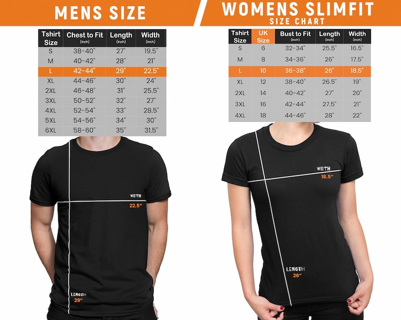 May include: Size chart for t-shirts, showing chest to fit, length, and width measurements in inches. The chart includes sizes S through 6XL. A black t-shirt is shown with measurements labeled.