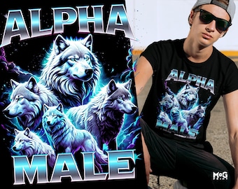 Alpha Male Wolf T-shirt, Silver Wolves Shirt, Sigma Wolves Tee, Wolf Meme Top, Men’s Manly Joke T-shirt, Funny Gifts for Boyfriend Husband