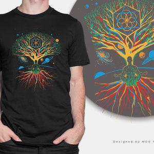 Meditation Zen Baum des Lebens T-Shirt | Mandala meditierendes Universum Shirt Yoga spirituelles psychedelisches buddhistisches mystisches kosmisches Oberteil buntes Abschlag