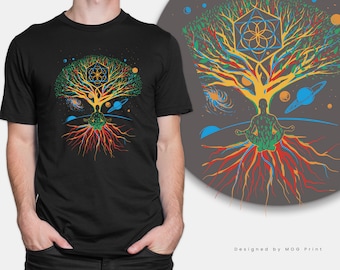 T-shirt Méditation Zen Arbre de Vie | Mandala Méditer Univers Chemise Yoga Spirituel Psychédélique Bouddhiste Mystique Cosmique Haut Coloré tee
