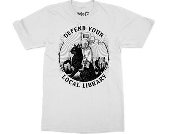 Defend Local Library T-shirt, Cat Librarian Bookworm Reader Tee, Literary Shirt