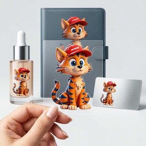 May include: A clear rectangular sheet featuring a cartoon orange tabby cat with blue eyes and a red cap labelled MOGGIE. The cat has dark stripes and is positioned in front of a blue notebook, a glass dropper bottle, and a rectangular metal plate.