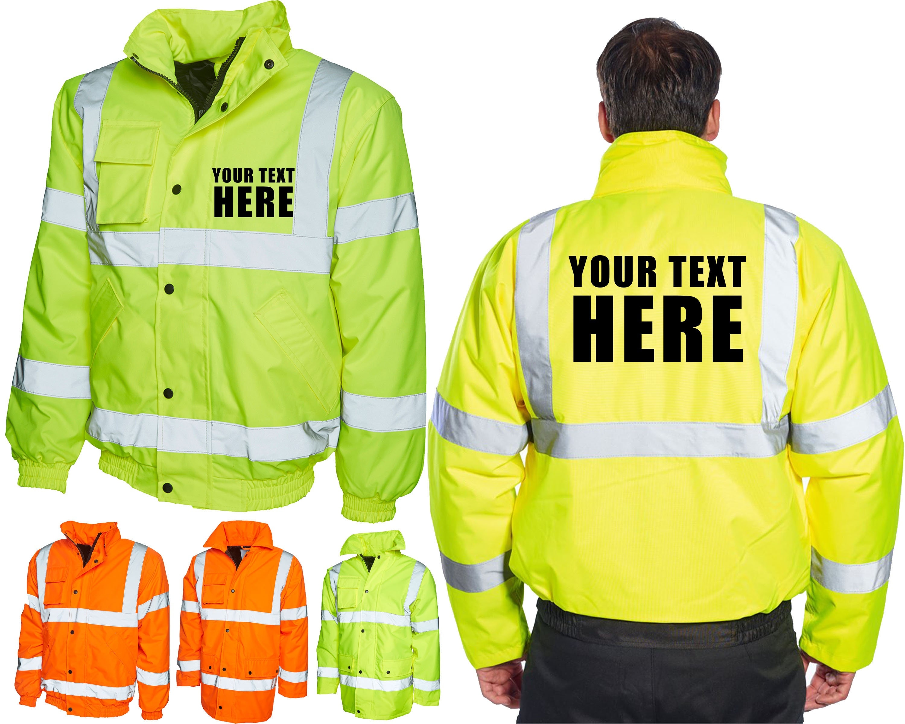 Personalised Text Hi Vis Viz Bomber Jacket Custom Workwear Add Company Business Name Any Text Front and Back Reflective Fleece Workwear Coat Etsy Canada