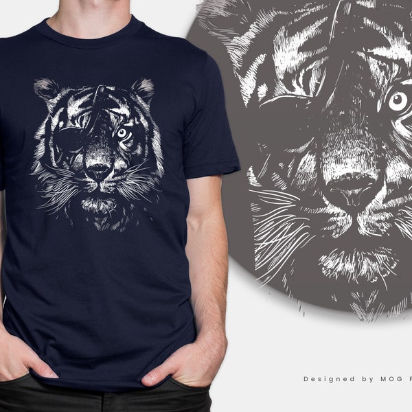 Wildlife Tiger Face T-Shirt, Monochrome Siberian Tiger With Eye Patch Shirt, Funny Wildlife Animal Photo Print T-Shirt, Tiger Lovers Gift