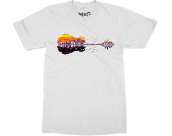 Nature Guitar Reflection T-Shirt, Sunset Music Lover Tee, Retro Band Apparel