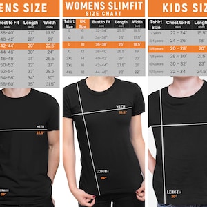 Op de afbeelding: Maattabel voor T-shirts met maten in inches voor mannen, vrouwen en kinderen. De tabel toont de maten voor borstbreedte, lengte en breedte voor elke maat.