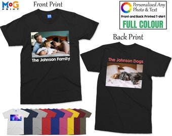 Gepersonaliseerde foto-T-shirt print voor- en achterkant | T-shirt met gepersonaliseerde tekst voor elke afbeelding | Custom design shirt verjaardag vrijgezellenfeest T-shirt