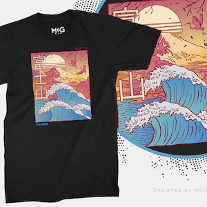 Mount Fuji Kanagawa Wave t-shirt | Full Moon Aesthetic Japanese Hokusai Art Travel tshirt | Unisex Ocean Waves Tokyo Souvenir | Japan Gifts