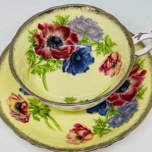 Paragon DW Pale Yellow Red Blue Anemone Silver Gilt Vintage Teacup