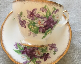 Queen Anne Violets &quot;Mother&quot; Brushed Gold Vintage Teacup