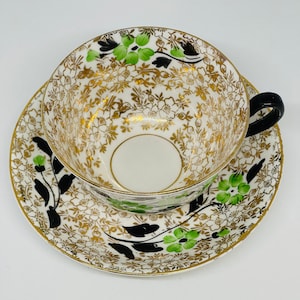 Ensemble de tasses à thé vintage Art déco Phoenix en porcelaine de Chine peinte à la main, vert or noir
